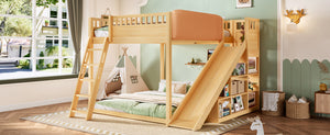 English Elm Queen Loft Bed with Upholstered Headboard Built-in Slide and Open Storage Shelves Natural W1580S00308
