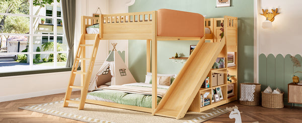 English Elm Queen Loft Bed with Upholstered Headboard Built-in Slide and Open Storage Shelves Natural W1580S00308