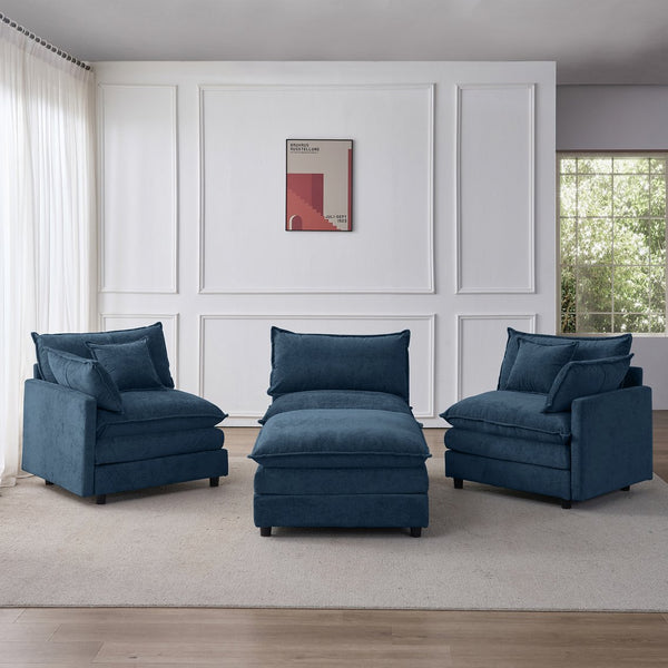 English Elm 105" L-shaped Chenille Sectional with Ottoman Pocket Spring Living Room Sofa Blue W1097S00231