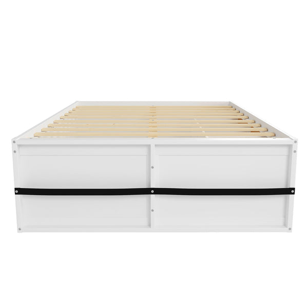English Elm Queen Storage Platform Bed with Led Lighting Bookshelf Display Cabinet and Pull-out Drawer White+Natural N820S00078K