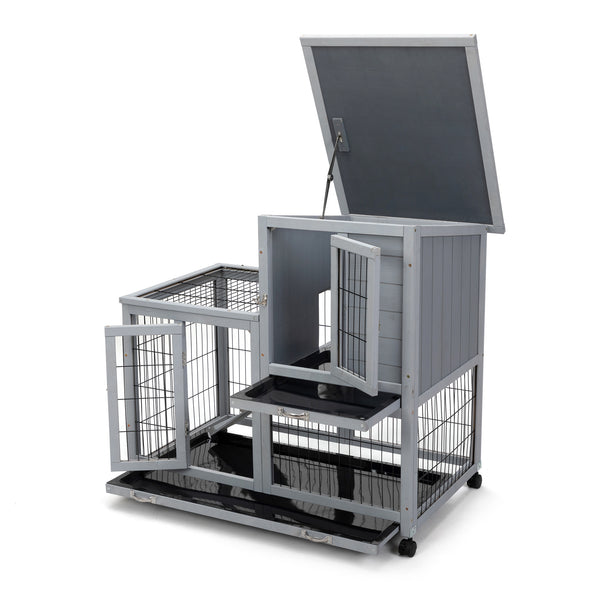 English Elm Detachable Two-tier Pine Rabbit Hutch with Rolling Casters and Removable Waste Trays White+Gray W2181P190614