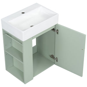 English Elm 20 Modern Wall-Mounted Bathroom Vanity with Ceramic Sink, Diamond Door, Gold Handles & Shelves — Compact Green N725P314033F