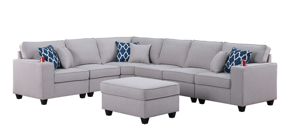 English Elm Cristiano Reversible Linen Sectional Sofa with Ottoman Cupholders and Six Throw Pillows B2749S00099