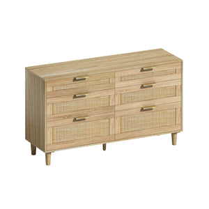 English Elm 51" Rattan Dresser with Six Drawers, Stylish Woven Storage Chest with Metal Handles and Wood Legs for Bedroom Hallway Living Room Natural W757P209506