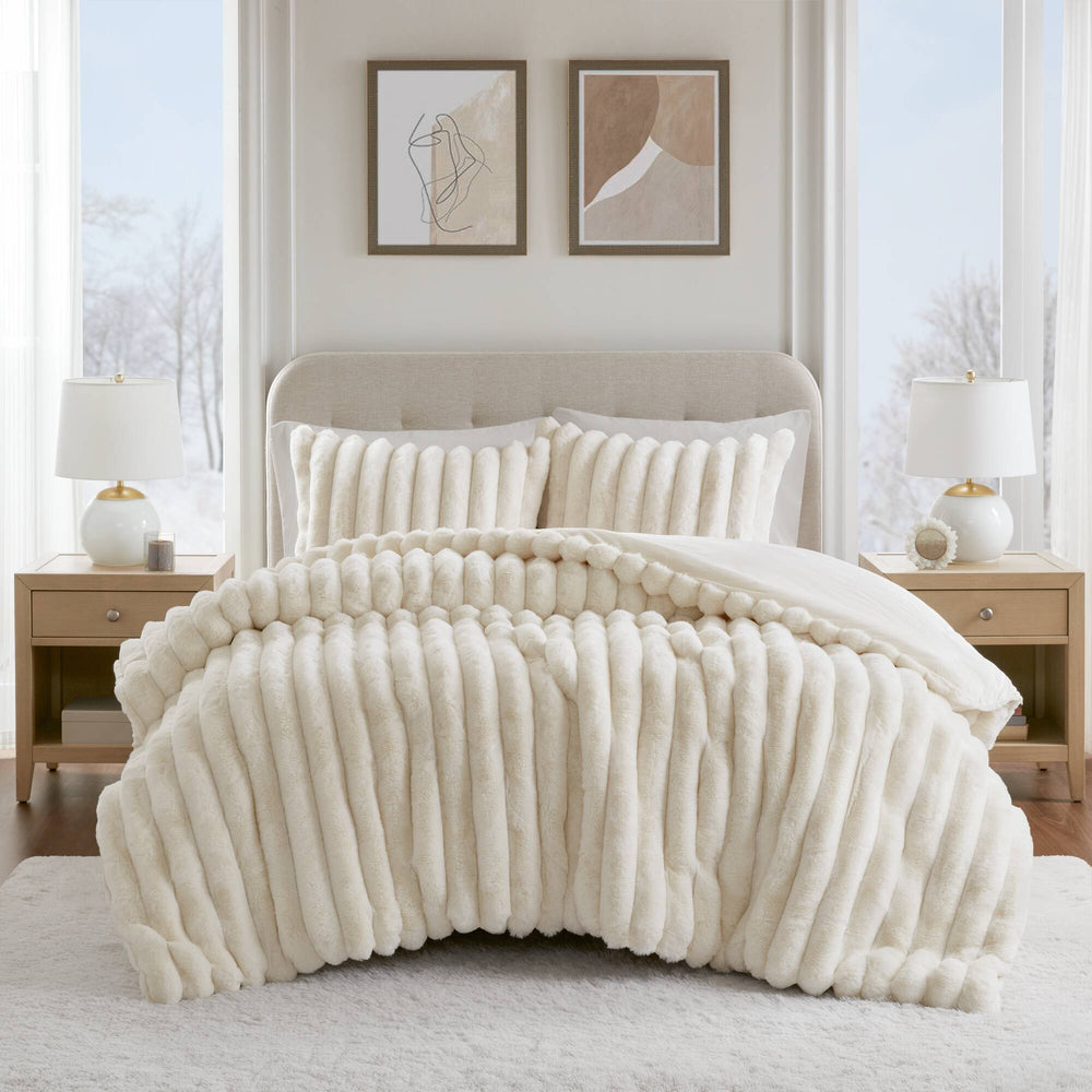 JLA Home Madison Park - Ultrasoft Faux Fur Ribbed Comforter Set with Plush Crystal Velvet Backing for Cozy, Modern Bedrooms Ivory MP10-8769