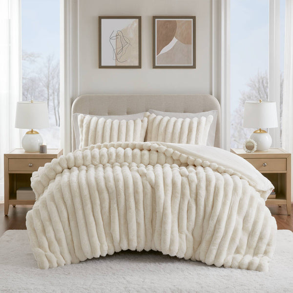 JLA Home Madison Park - Ultrasoft Luxe Faux Fur Ribbed Comforter Set with Crystal Velvet Backing for Plush, Modern Bedding Ivory MP10-8768