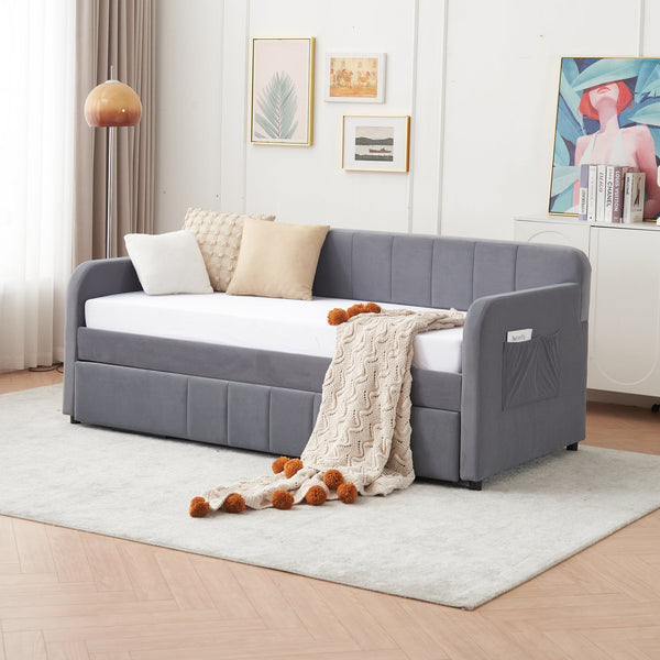 English Elm Twin Upholstered Daybed with Trundle Sofa Bed for Guest Room, Pine Wood Frame, Velvet Upholstery, Sturdy Slat Support and Full-Length Comfort Grey W1361S00022