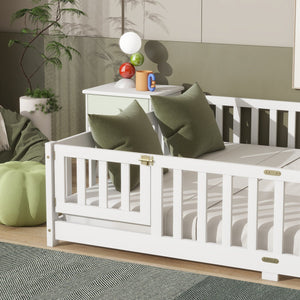 English Elm Queen Rubber Wood Floor Bed with Full Perimeter Safety Fence and Hinged Access Door White W504P429340