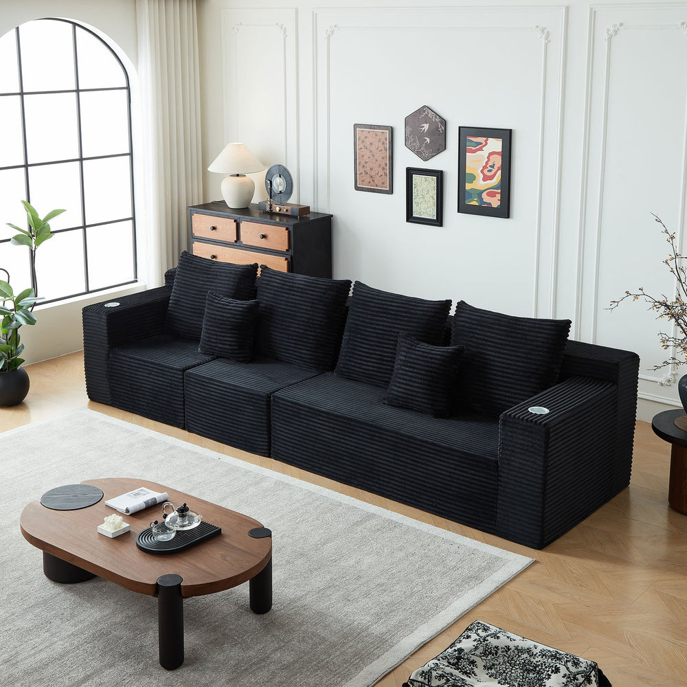 English Elm Deep Seat Corduroy Modular Cloud Couch With Built-In Cup Holders – No Assembly Needed, Luxurious Comfort W848S00048