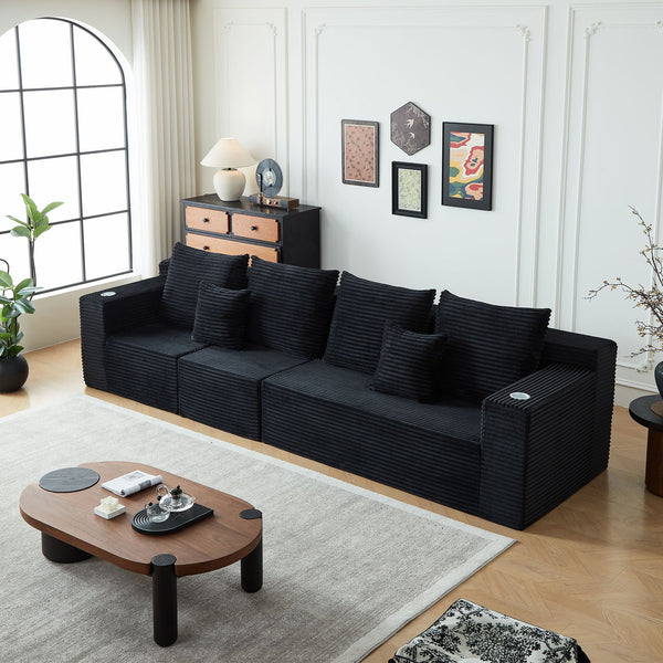 English Elm Deep Seat Corduroy Modular Cloud Couch With Built-In Cup Holders – No Assembly Needed, Luxurious Comfort W848S00048