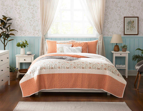 English Elm 6 Madison Park Dawn Cotton Percale Reversible Quilt Set with Paisley Pintuck, Lace Trim, Pillows, Full/Queen Coral 17.72 L x 22.83 W x 8.66 H B035129021