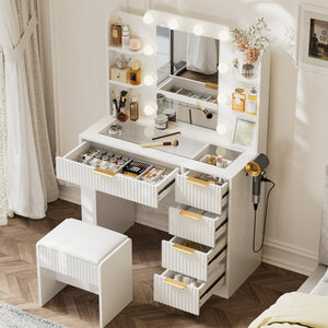 English Elm Vanity Desk Set with Led Mirror Charging Station Five Drawers and Cushioned Stool White T3773P416291