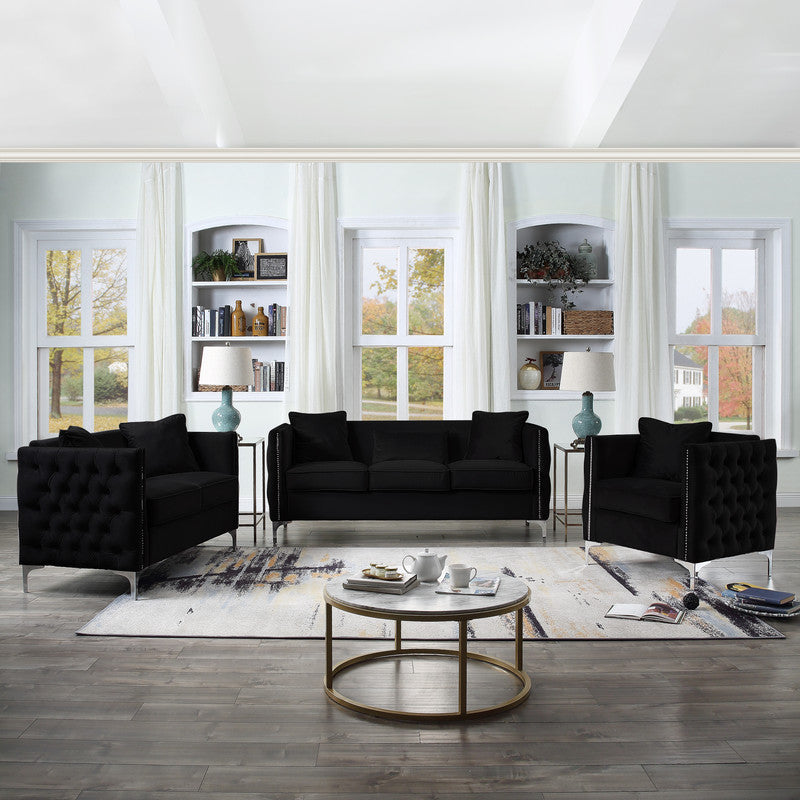 English Elm Belluno Velvet Sofa and Loveseat Set with Tufting Nailhead Trim Chrome Legs B2749S00167