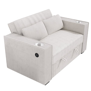 English Elm Beige Convertible Corduroy 2-Seat Sleeper Sofa with Cup Holders, USB Ports & Throw Pillows — Cozy B011S01585
