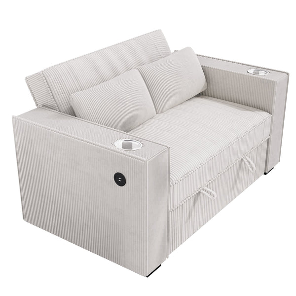 English Elm Beige Convertible Corduroy 2-Seat Sleeper Sofa with Cup Holders, USB Ports & Throw Pillows — Cozy B011S01585