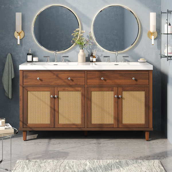 English Elm 60 Inch Double Sink Bathroom Vanity Rattan Pine Legs Soft Close Storage Brown N817P296140B
