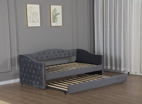 English Elm Twin Size Upholstered Daybed With Trundle & Usb Charging – Stylish Velvet Frame For Space-Saving Comfort W1670S00024-GIGA