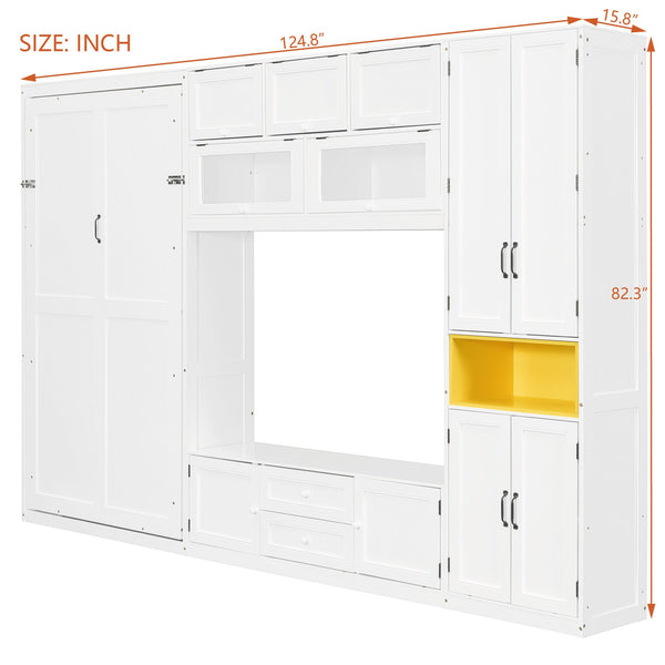 English Elm Twin Murphy Wall Bed with Integrated Tv Stand Open Shelving and Cabinet Storage LP000768AAK