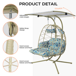 English Elm 2-person Outdoor Wicker Egg Chair Hanging Swing with Canopy Stand and Cushions Cyan T5880P502254