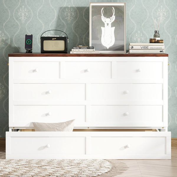 English Elm Murphy Cabinet Queen Bed Solid Pine Frame with Built-in Charging Station for Guest Rooms White+Walnut W504S00193