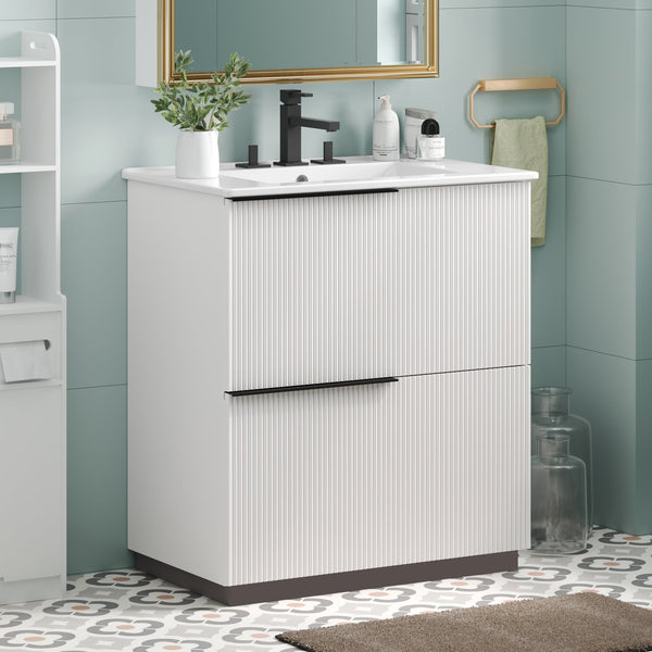 English Elm Christopher Knight Home® - 30" Elegant Bathroom Vanity With Fluted Design, Ceramic Sink, Full-Extension Drawers & Soft-Close Slides N817P295760W