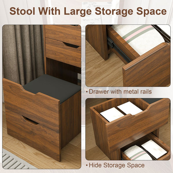 English Elm 3-in-1 Walnut Flip Top Vanity Desk with Led Mirror Stool Bedroom Dressing Table W2699P404631