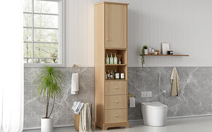 English Elm 67.7" Tall Freestanding Bathroom Cabinet with 3 Drawers, Open Shelves, Gold Handles, Anti-Tip Safety N729P335604O