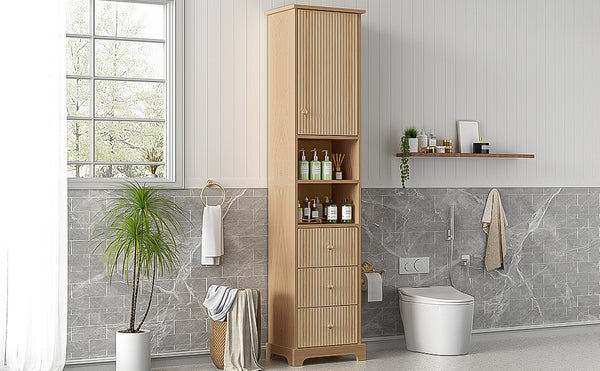 English Elm 67.7" Tall Freestanding Bathroom Cabinet with 3 Drawers, Open Shelves, Gold Handles, Anti-Tip Safety N729P335604O