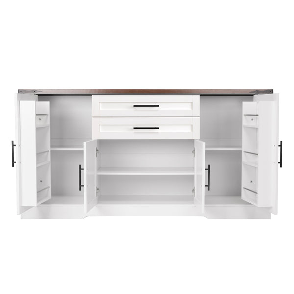 English Elm 63" Fluted Mdf Sideboard with Wood Tone Top Four Doors Three Drawers Dining Storage White W2917S00013