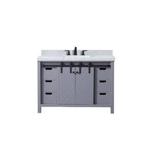 English Elm Dark Grey 48 in Bath Vanity with Carrara Marble Top, Matte Black Faucet, Soft-Close Drawers & Shelf B2731P260119