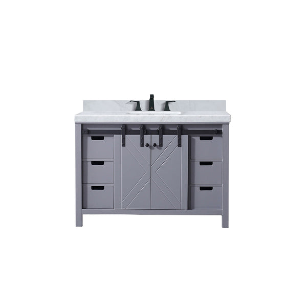 English Elm Dark Grey 48 in Bath Vanity with Carrara Marble Top, Matte Black Faucet, Soft-Close Drawers & Shelf B2731P260119