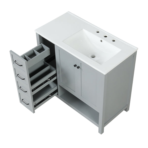 English Elm 36" Freestanding Bathroom Vanity Solid Wood Mdf Cabinet Ceramic Undermount Sink Open Shelf Grey N725P364203E