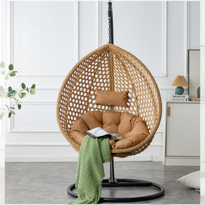 English Elm 76.8-inch Hand Woven Rattan Egg Swing Chair Indoor Outdoor with Cushion Lumbar Pillow Yellow W1512P498594