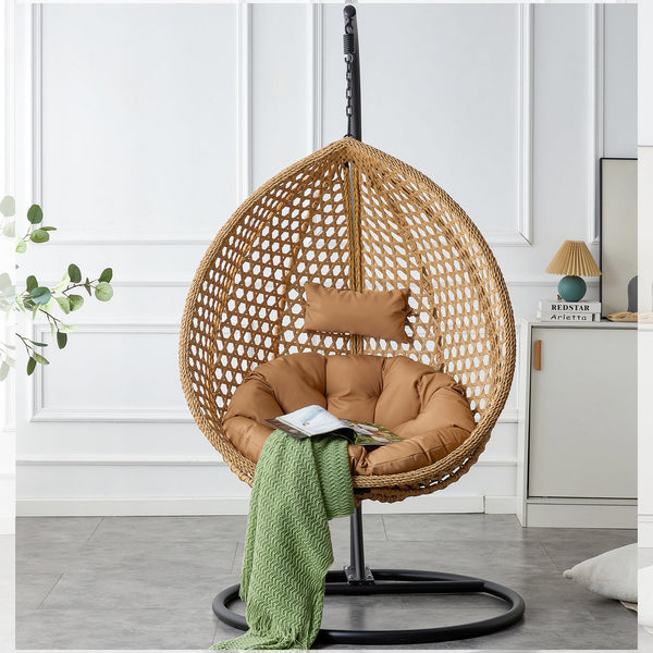 English Elm 76.8-inch Hand Woven Rattan Egg Swing Chair Indoor Outdoor with Cushion Lumbar Pillow Yellow W1512P498594