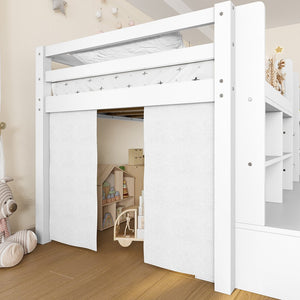 English Elm Twin Xl Low Loft Bed with Curtain Hideaway Chalkboard and Built-in Storage Shelves W1580S00399