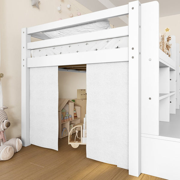 English Elm Twin Xl Low Loft Bed with Curtain Hideaway Chalkboard and Built-in Storage Shelves W1580S00399