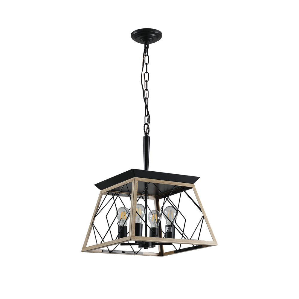 English Elm 16" Oak Industrial 4-Light Pendant Chandelier Rustic Metal Cage, Adjustable 0-40" Chain, E26 Bulb Ready W2312P368672