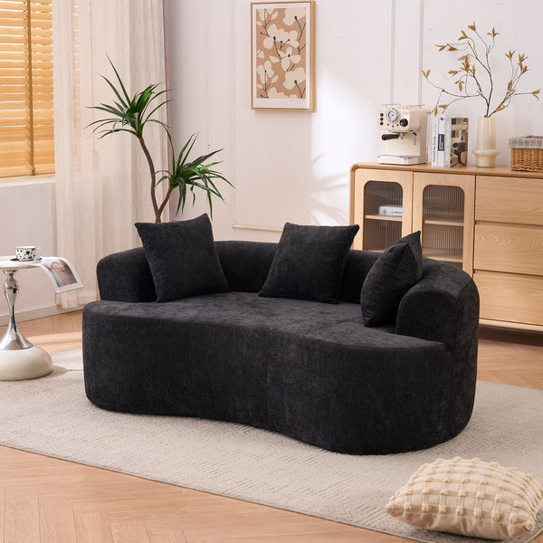 English Elm Crescent-shaped Chenille Sofa Curved Low-back Two-seater with Cloud-like Deep Cushions Black W2012P375746