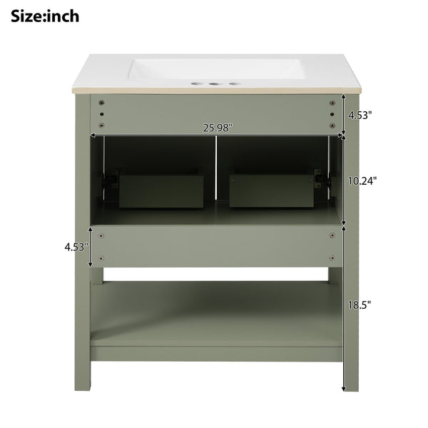 English Elm 30-Inch Green Bathroom Vanity With Ceramic Sink, Elegant Design, Smart Storage For Small Spaces WF325888AAF