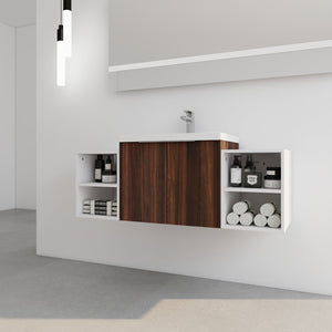 English Elm 48 Inch Wall Mounted Bathroom Vanity with Resin Sink, Soft-Close Doors, Metal Handles, Storage—Durable Eco Plywood California Walnut W999S00185