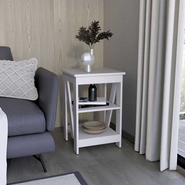 English Elm Taylor 3-Tier End Table White — Compact Nightstand & Sofa Side Table with Ample Open Storage Shelves B200P188840