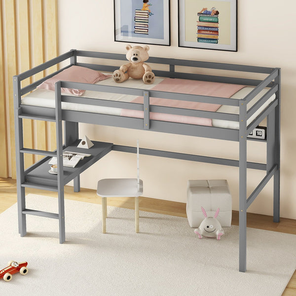 English Elm Twin Loft Bed with Built-In Desk and Bookcase, Pine Frame, Safety Guardrail, Ladder for Study Space Grey W504P181852