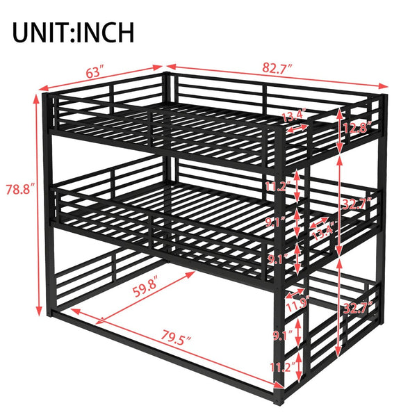 English Elm Queen Metal Triple Bunk Bed - Space-Saving, Heavy-Duty Design With Safety Guardrails For Comfort W1580S00145-GIGA