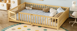 English Elm Queen Kids Floor Bed with Safety Guardrails and Door for Independent Sleep, Pine Frame, 82.7"x62.6" Natural W1580P338954