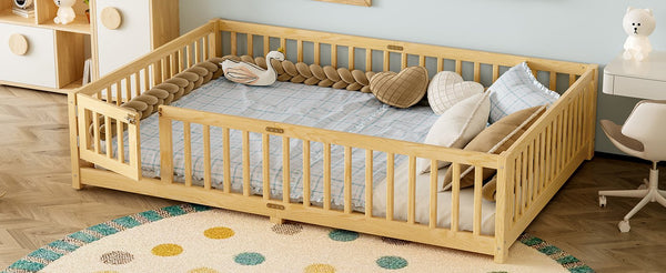 English Elm Queen Kids Floor Bed with Safety Guardrails and Door for Independent Sleep, Pine Frame, 82.7"x62.6" Natural W1580P338954