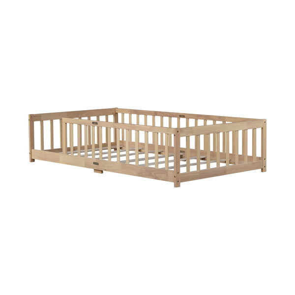 English Elm Twin Low Profile Rubberwood Floor Bed with Full Safety Fence for Toddler Rooms Natural W504P429336