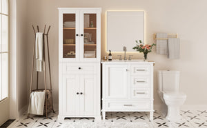 English Elm 67.57" Tall Matte Cabinet Vanity Combo with Glass Doors Soft-close Drawers Sink White N729P000033K