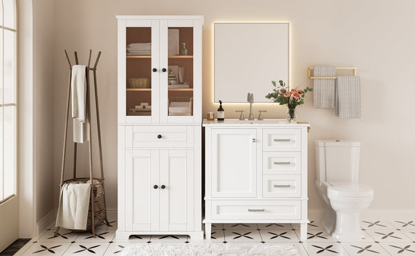 English Elm 67.57" Tall Matte Cabinet Vanity Combo with Glass Doors Soft-close Drawers Sink White N729P000033K