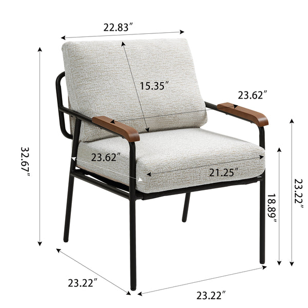 English Elm Modern Accent Chair with Natural Wood Arms, Black Metal Frame, Plush High-Rebound Cushion Comfort Beige W2215P248476