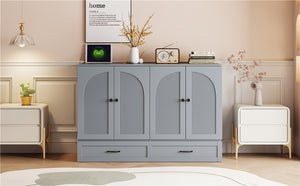 English Elm Full Size Murphy Bed Rattan Cabinet with Storage Drawers and Gold Hardware Gray N708S00009E